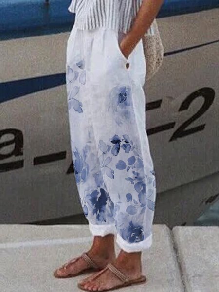 

Linen Loosen Casual Long Floral Summer Pants, Blue, Pants