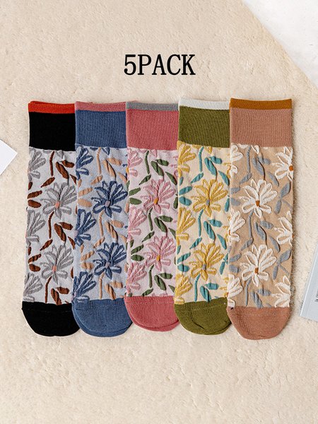 

5 Pairs Of Vintage Palace Style Jacquard Knitted Flower Socks, As picture, Socks