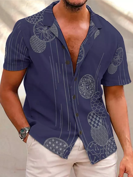 

Casual Simple Geometric Print Short Sleeve Shirt, Purplish blue, Short Sleeves Shirts