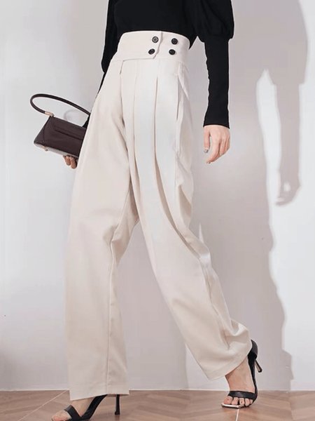 

Spring Plain Lightweight Mid Waist Non-Stretch Pants, Apricot, Straight Leg Pants