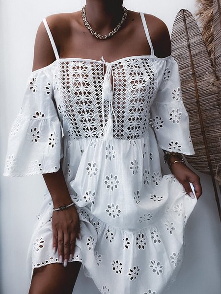 

Vacation Eyelet Spaghetti Solid Dress, White, Mini Dresses