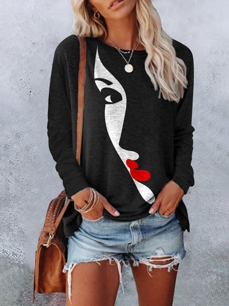 

Casual Figure Printed Round Neck Long Sleeve Loosen Shirts & Tops, Black, T-Shirts