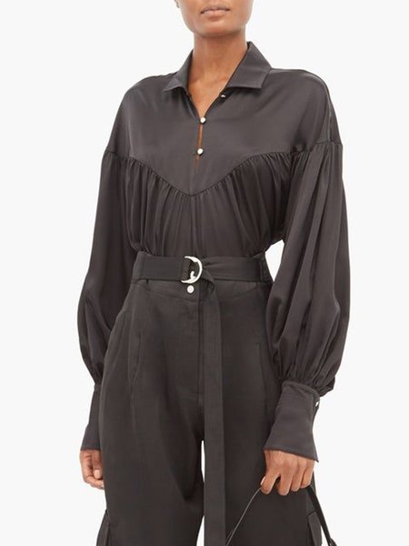 

Shirt Collar Plain Loosen ELegant Daily Top, Black, Blouses and Shirts