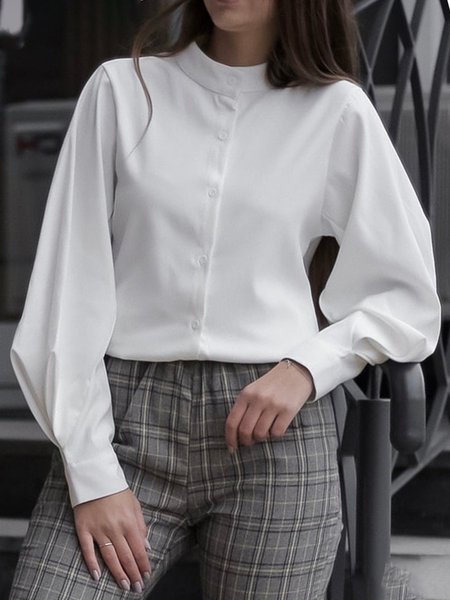 

Elegant Stand Collar Solid Work Shirt, White, Blouses and Shirts