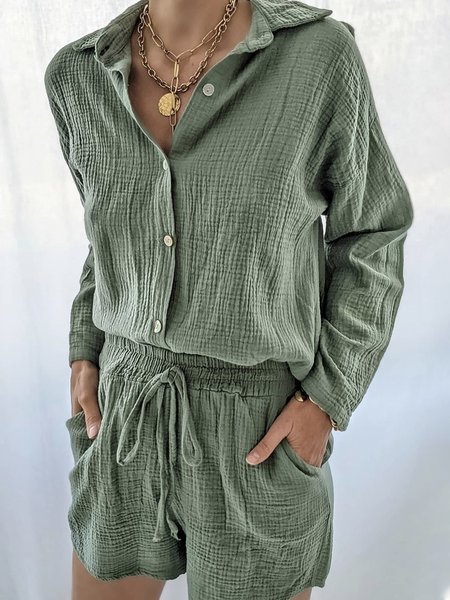 

Casual Shirt Collar Plain Jumpsuit & Romper, Lightgreen, Jumpsuits