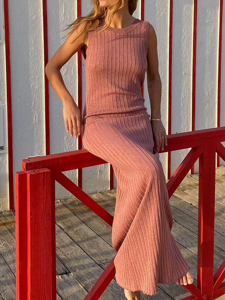 

Crew Neck Cotton Blends Regular Fit Short sleeve Knit Dress, Pink, Maxi Dresses