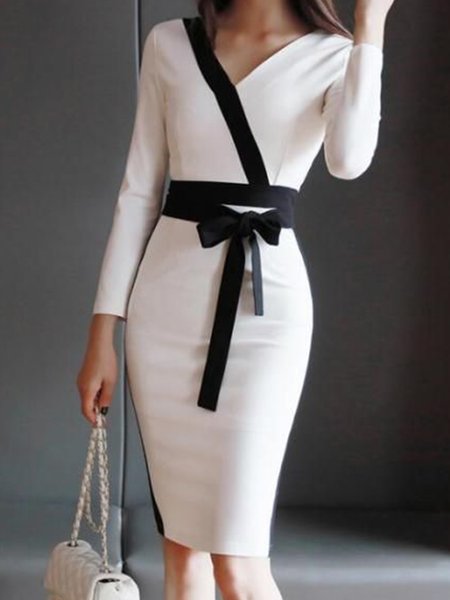 

Elegant Color Block Long Sleeve Dress, White, Midi Dresses