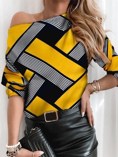 

Long sleeve Geometric One Shoulder Casual Shirts & Tops, Yellow, T-Shirts