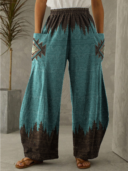 

Pockets Loosen Tribal Pants, Blue, Pants