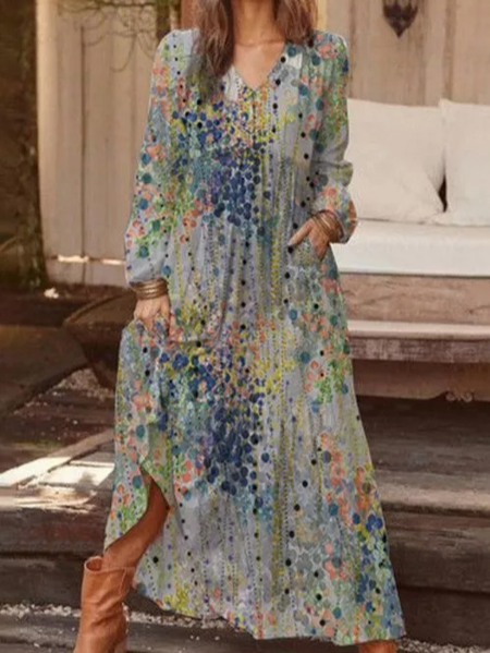 

Floral Vacation Loosen Long sleeve Women Dress, Multicolor, Maxi Dresses