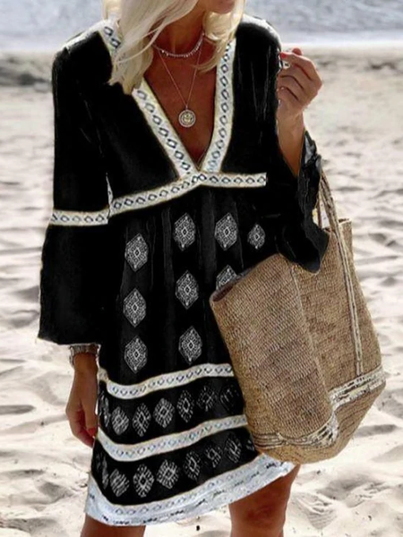 

Tribal Cotton Blends Flare Sleeve Vacation Dresses, Black, Mini Dresses