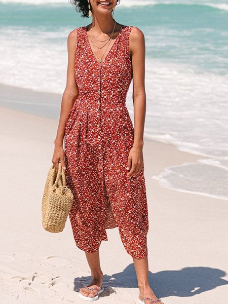 

Boho V Neck Floral Sleeveless Midi Short sleeve Woven Dress, Red, Midi Dresses