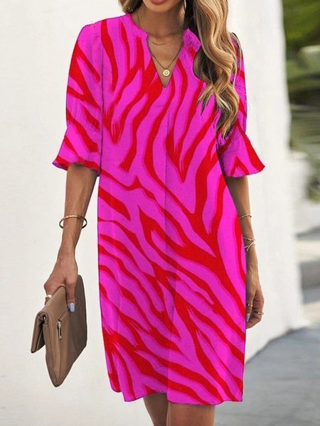 

Striped Casual V Neck Half sleeve Loosen Midi A-line Dresses, Rose red, Dresses