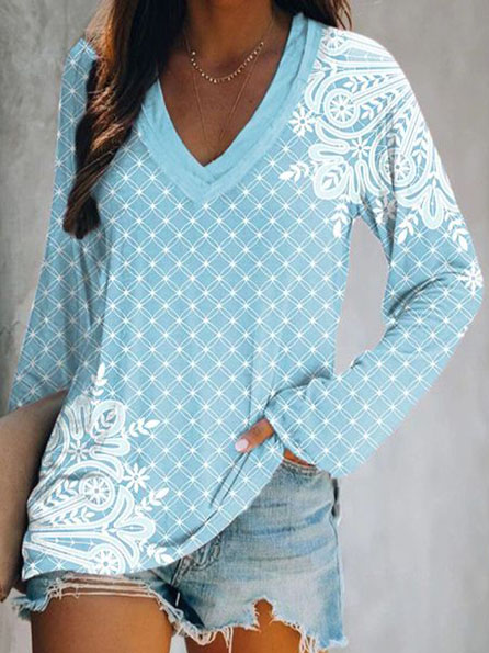 Vacation Floral Cotton Blends Shirts & Tops, Blue, Long sleeve tops