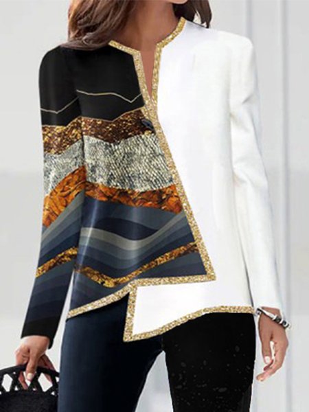 

Abstract Long Sleeve Sequins Notched Plus Size Casual Tops, Multicolor, Tops