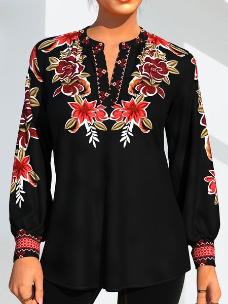 

Floral V Neck Loosen Shirts & Tops, Black, Tops