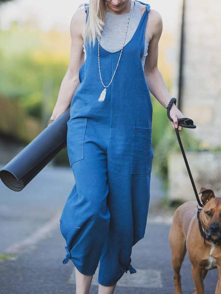 

Casual V Neck Knot Front Solid Jumpsuit & Romper, Blue, Jumpsuits