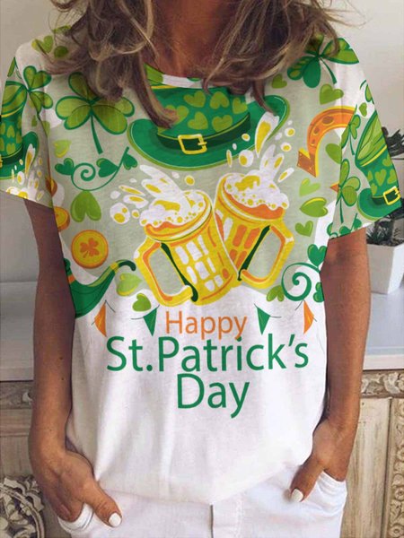 

St. Patrick's Day Four-Leaf Clover Floral Crew Neck Short sleeve tops, White, T-shirts