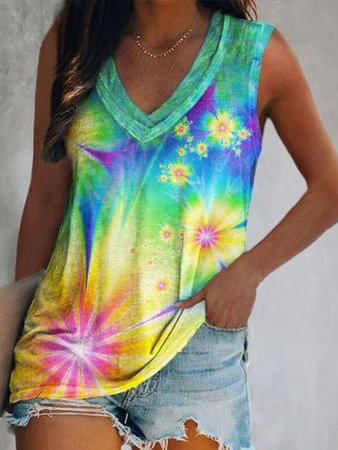 

V Neck Tie-dye Ombre Casual Vests, Multicolor, Tanks & Camis