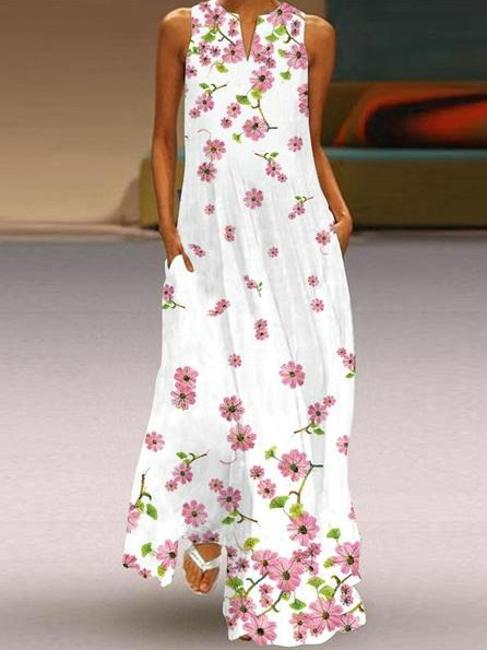 

Floral V Neck Cotton Blends Vacation Dresses, White, Maxi Dresses