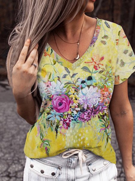 

V Neck Boho Shirts & Tops, Yellow, Tops