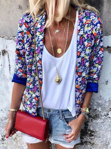 

Floral Loosen V Neck Casual Outerwear, Multicolor, Kimonos
