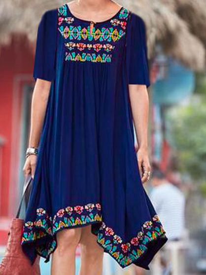 

Boho Loosen Crew Neck Dresses, Blue, Midi Dresses