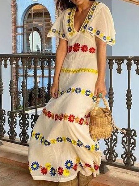 

V Neck Floral Frill Sleeve Casual Short sleeve Woven Dress, White, Maxi Dresses