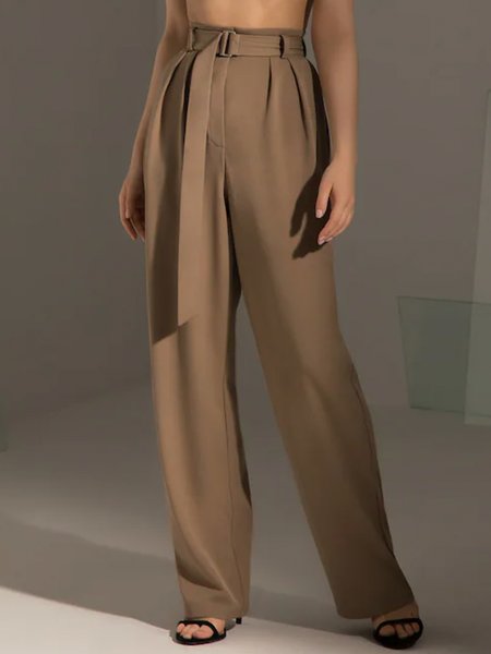 

Simple Plain Wide Leg Work Pants, Brown, Straight Leg Pants