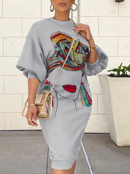 

Crew Neck Casual Half Sleeve Midi Dress, Gray, Midi Dresses