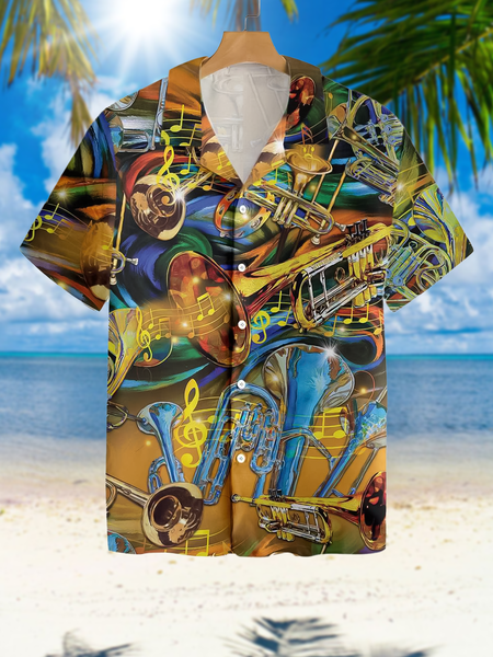 

Casual Music Notes And Trumpet Elements Graphic Lapel Short Sleeve Print Shirt Top, As picture, Men's Floral shirt