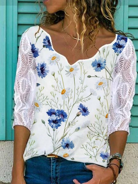 

Floral Heart-Shaped Collar Shirts & Tops, White, T-Shirts