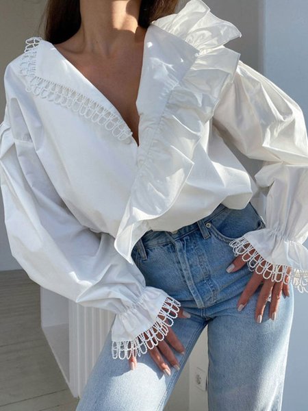 

Solid Lady Long Sleeve Loosen Shirt, White, Blouses and Shirts