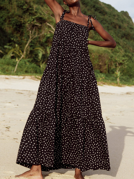 

Casual Spaghetti Polka Dots Short sleeve Woven Dress, Black, Maxi Dresses