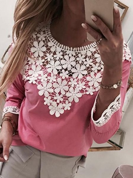 

Casual Loosen Solid Crew Neck Long Sleeve Lace Shirts & Tops, Pink, T-Shirts