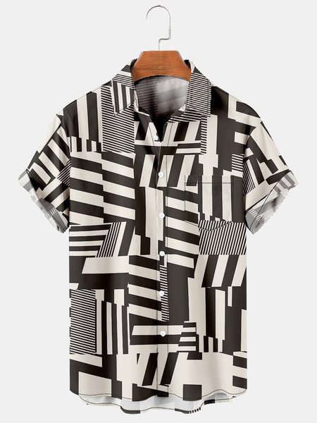 

Men's Vintage Art Geometric Stripe Print Short Sleeve Shirt, Black, Men's Floral shirt