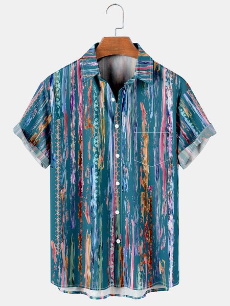 

Men's Geometric Vintage Striped Loose Short Sleeve Shirt, Blue, Men's Floral shirt