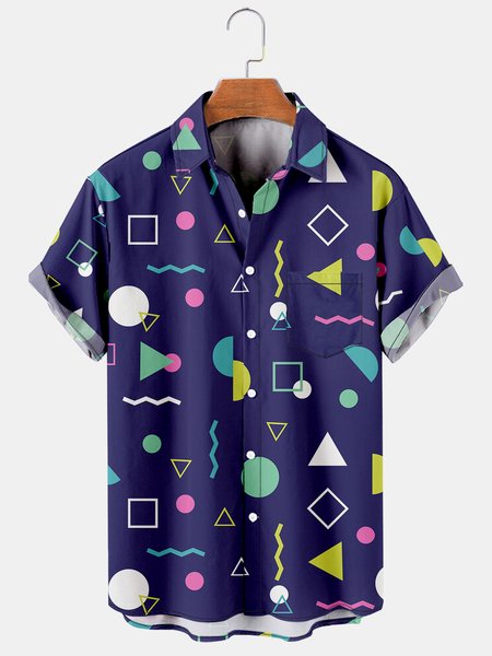 

Men's Geometric Print Casual Short Sleeve Shirt, Blue, Shirts ＆ Blouse