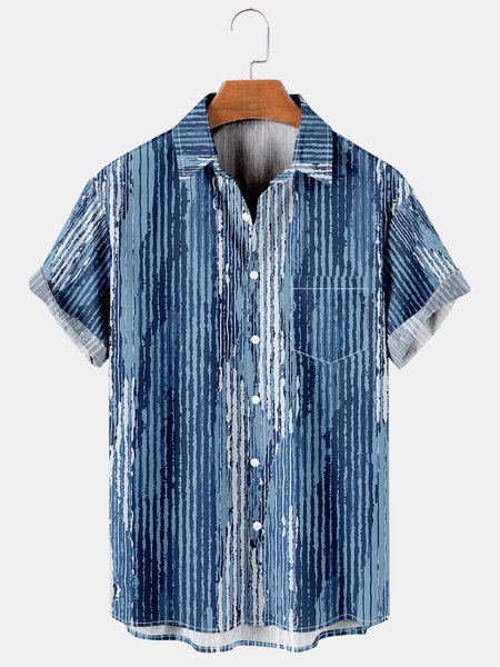 

Men's Art Geometric Stripe Print Loose Short Sleeve Shirt, Blue, Men's Floral shirt