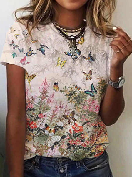 

Floral Vacation Cotton Blends Shirts & Tops, Multicolor, T-Shirts