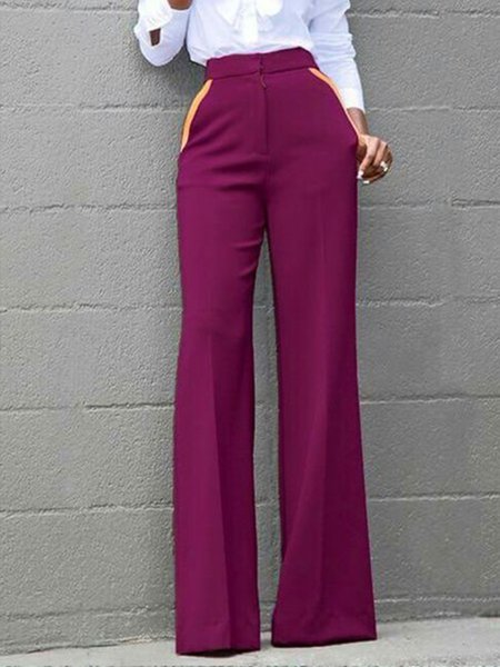 

Daily Color Block Elegant Long Pants, Purple, Wide Leg Pants