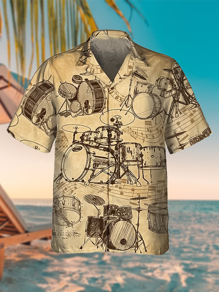 

Resort Casual Music Series Drum Kit And Musical Note Elements Pattern Lapel Short-Sleeved Printed Shirt Top, Multicolor, Men's Floral shirt