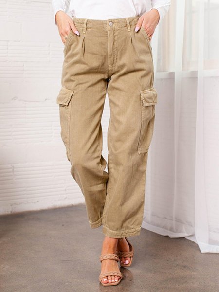 

Solid Casual Loosen Pants Cotton pocket zipper outdoor gargo pants, Khaki, Pants