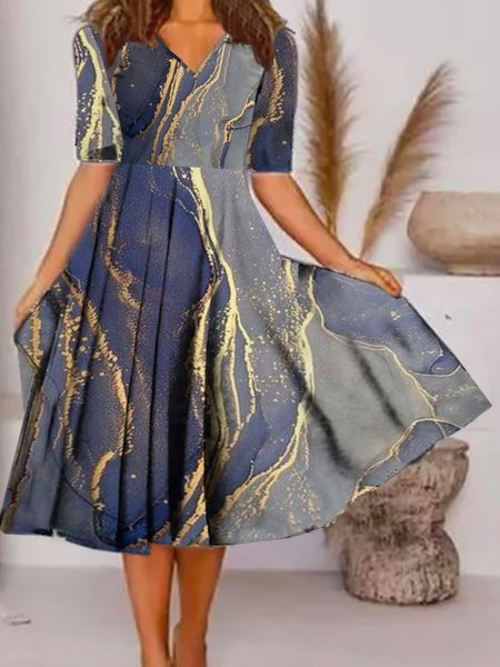

Geometric Short Sleeve V Neck Plus Size Casual Dresses, Multicolor, Midi Dresses