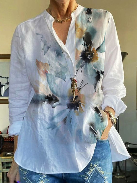 

Cotton Blends Floral V Neck Shirts & Tops, White, Shirts & Blouses