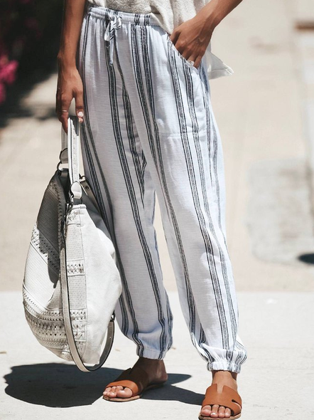 

Cotton Blends Striped Simple Pants, White, Pants