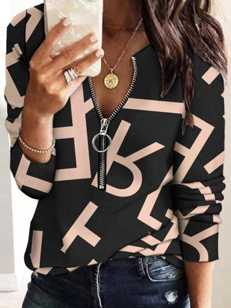 

Letter Casual V Neck Regular fit Shirts & Tops, Black, Long sleeve tops
