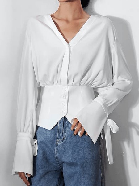 

Spring V Neck Regular Fit Elegant Long sleeve Lightweight Tops, White, Tops