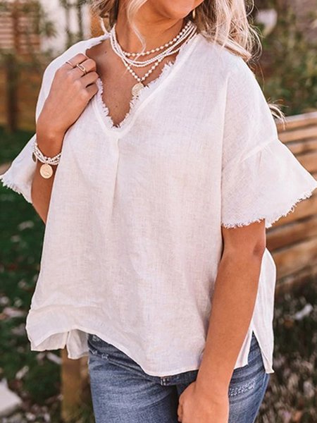 

Plus Size Casual Solid V neck Short Sleeve Loosen Short sleeve tops, White, Tops