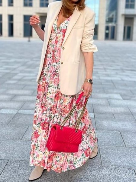 

V Neck Floral Boho Long sleeve Woven Dress, Pink, Maxi Dresses